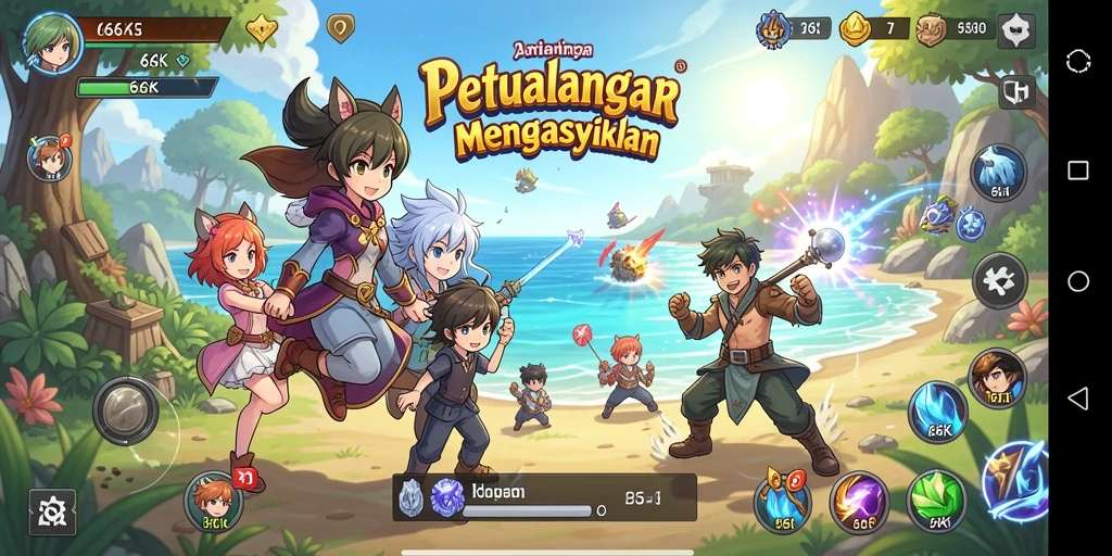 Tampilan gameplay 66K yang menarik dengan karakter Anime yang beragam.