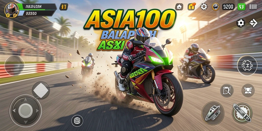 Tampilan gameplay balap motor di ASIA100 yang mendebarkan.