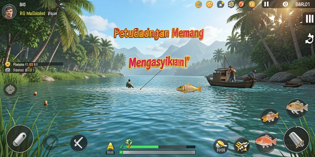 Screenshot gameplay BARU01 menunjukkan serunya memancing di lautan yang indah.
