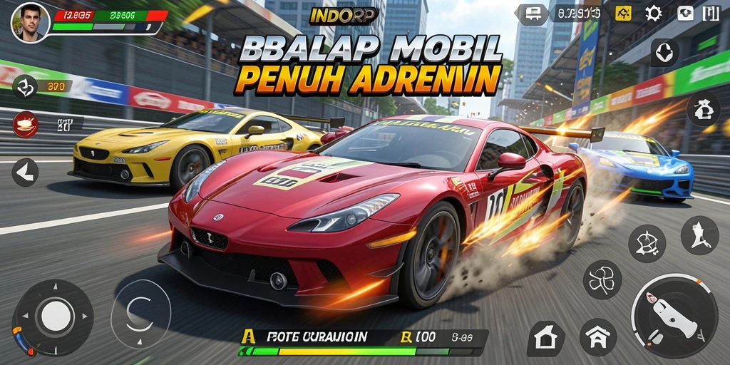 Tampilan gameplay mendebarkan di INDORP dengan balapan yang intens.