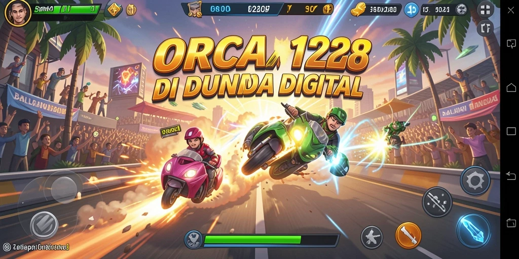 Screenshot gameplay ORCA128 dengan aksi balapan yang mendebarkan.