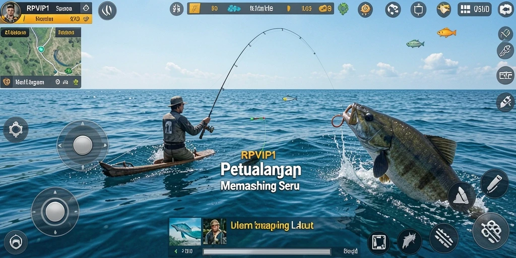 Screenshot RPVIP1 menampilkan pemain yang menangkap ikan di lautan yang indah.